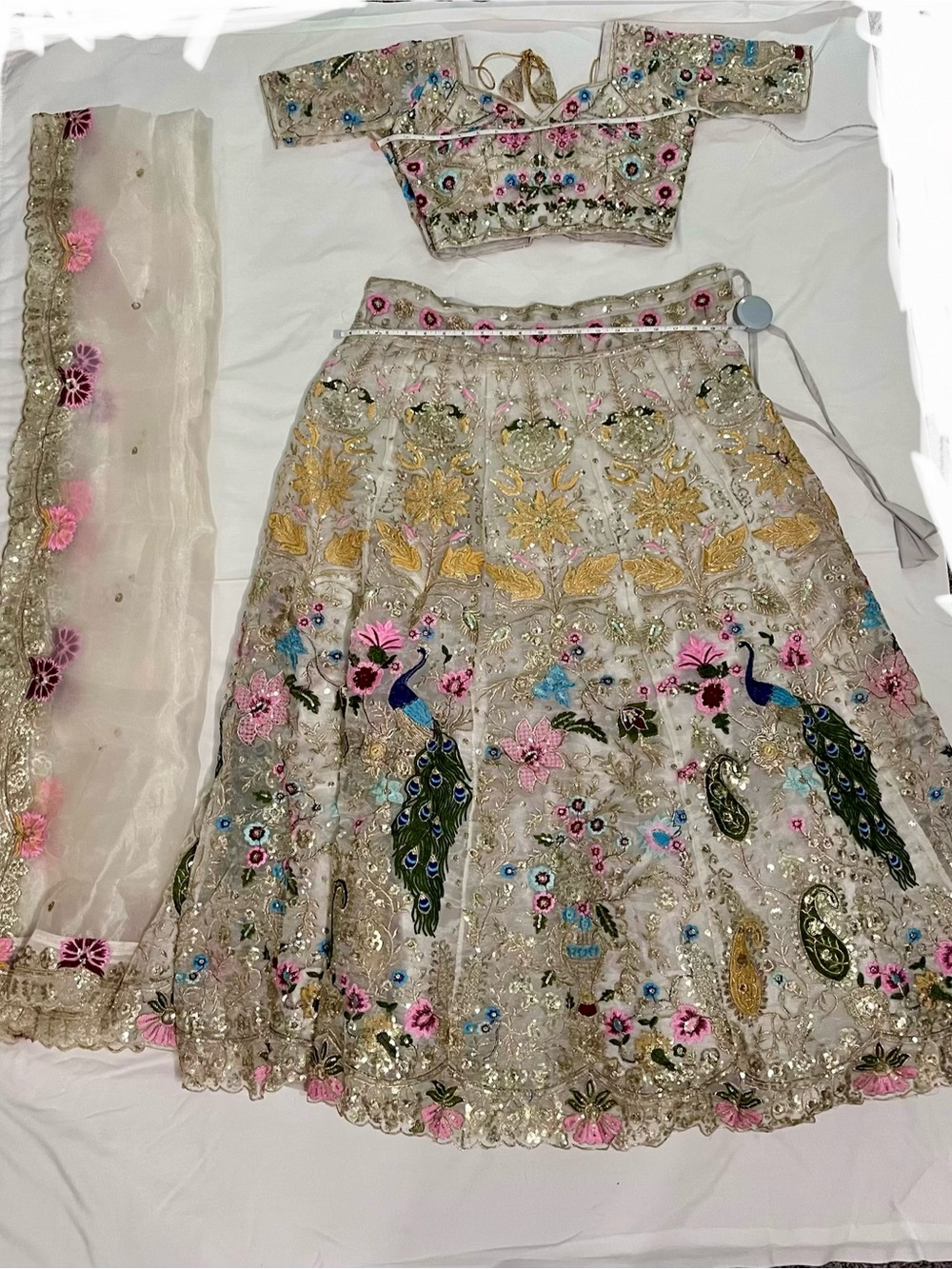Embroidered Ivory Floral & Peacock Lehenga Skirt & Blouse with Dupatta